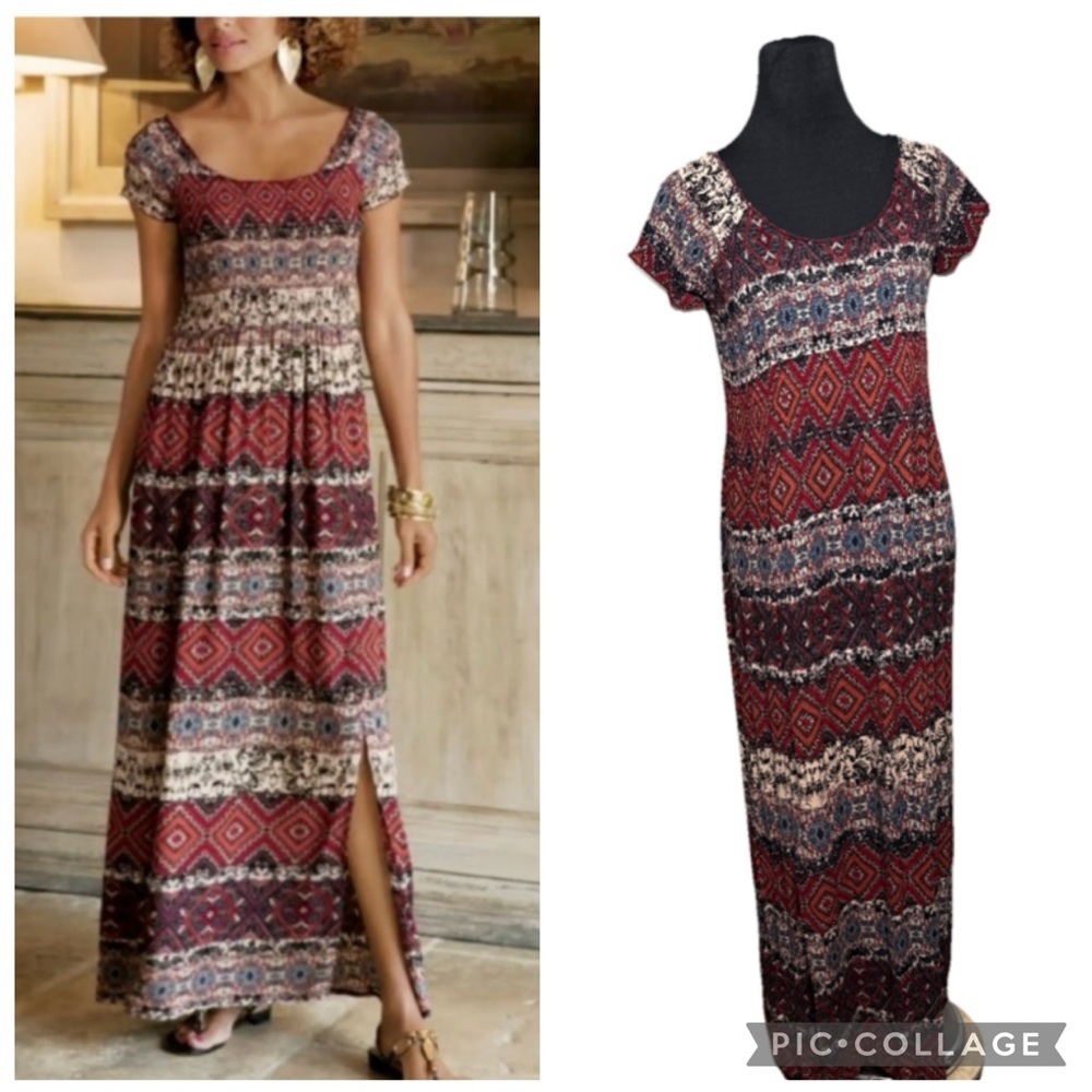 Soft Surroundings SZ L Maxi Dress Long Cap Sleeve Slit Stretch Beach Vacation
